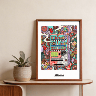 Close-up Vending Machine Art Print focusing on the display window with snacks and drinks
