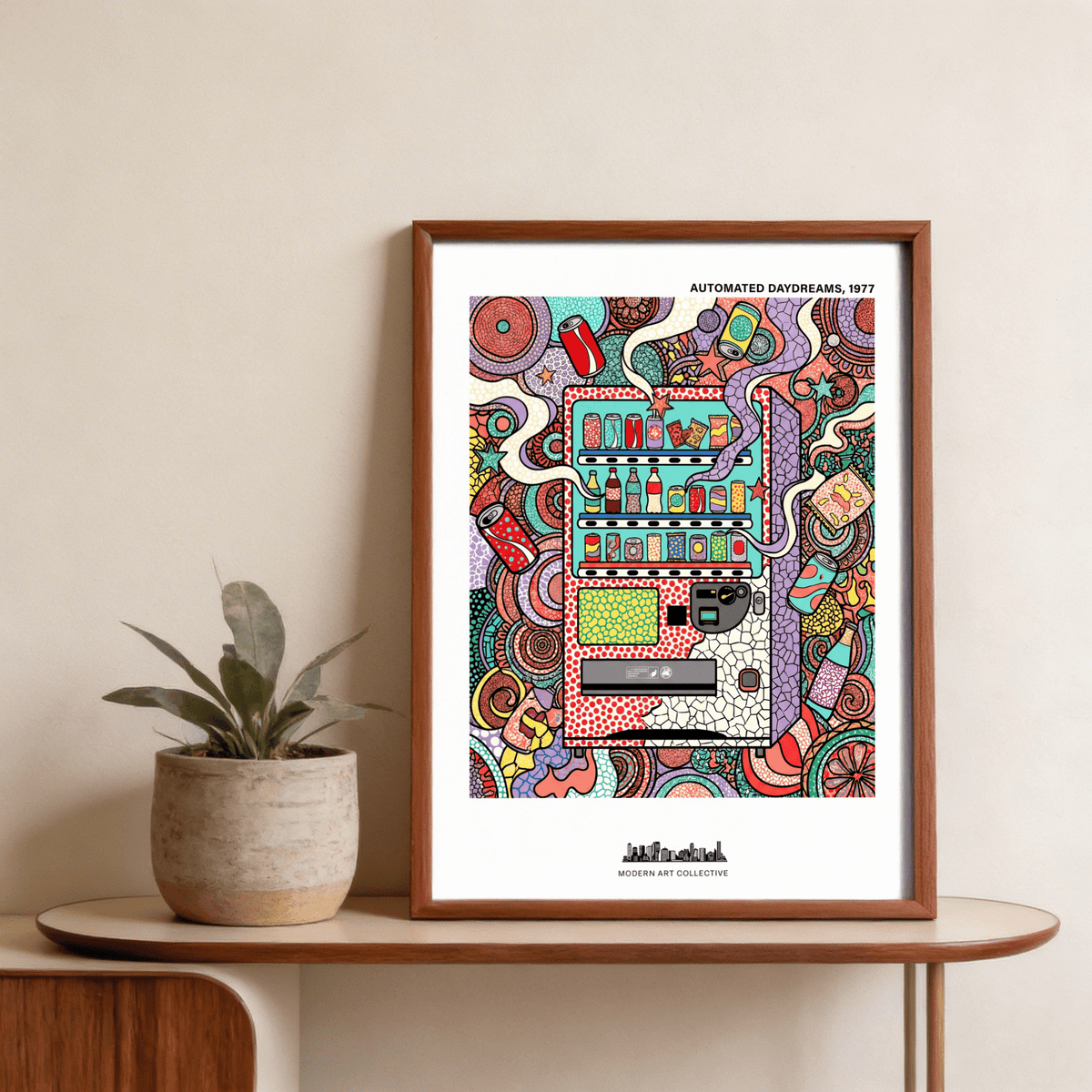 Close-up Vending Machine Art Print focusing on the display window with snacks and drinks