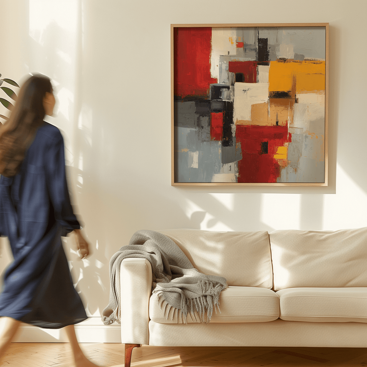 Modern Colorful Abstract Poster Art with red, yellow, and gray for office decor