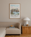 Minimalist print of Brooklyn Bridge crossing calm water with cityscape beyond