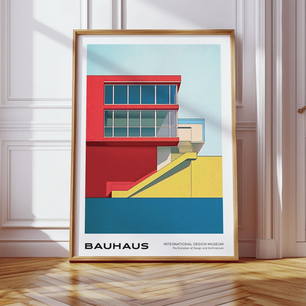 Mid century modern art prints featuring Bauhaus-style building with bold red and yellow forms.