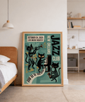 Saxophone cat illustration on vintage-style jazz wall art poster