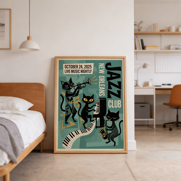 Saxophone cat illustration on vintage-style jazz wall art poster