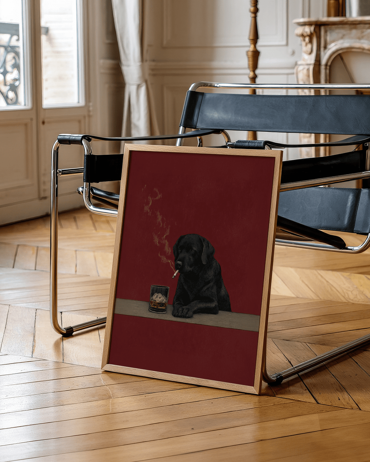 Smoking Dog Wall Art with red hues for living room decor