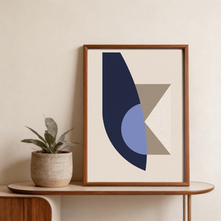 Modern abstract print showing bold arc, half-circle overlap, and speckled panel