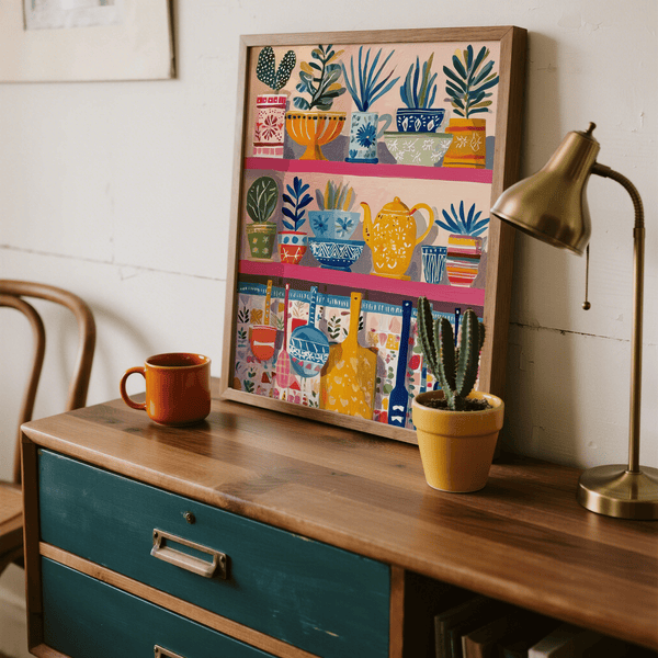 Boho Kitchen Print featuring yellow, blue accents for dining room art print