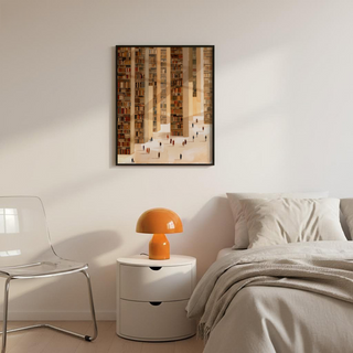Library Art Print showing floor-to-ceiling bookshelves and walkers
