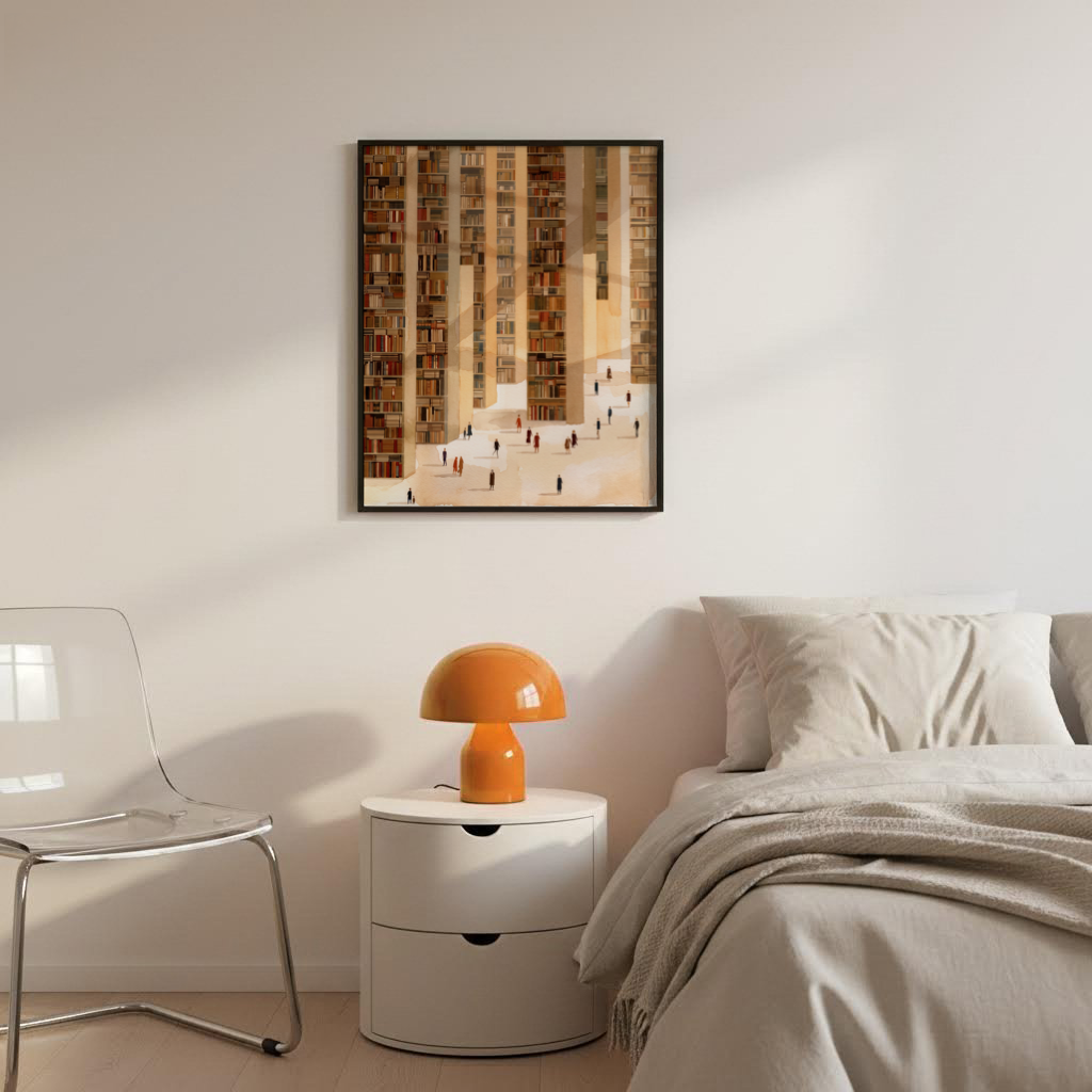 Library Art Print showing floor-to-ceiling bookshelves and walkers