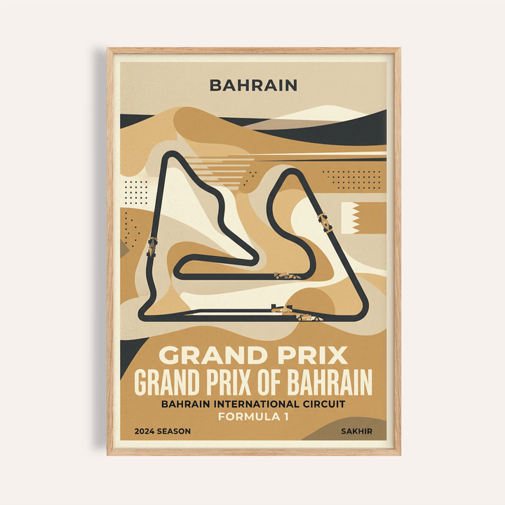 Bahrain Grand Prix Art Print poster with Bahrain circuit map and race cars