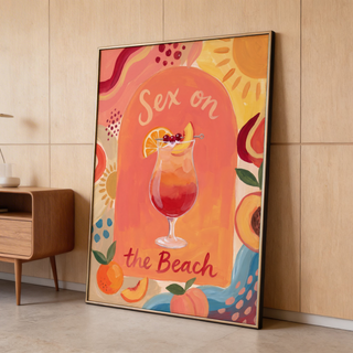 Showing a Colorful Drink Poster with central cocktail illustration and fruit border motifs