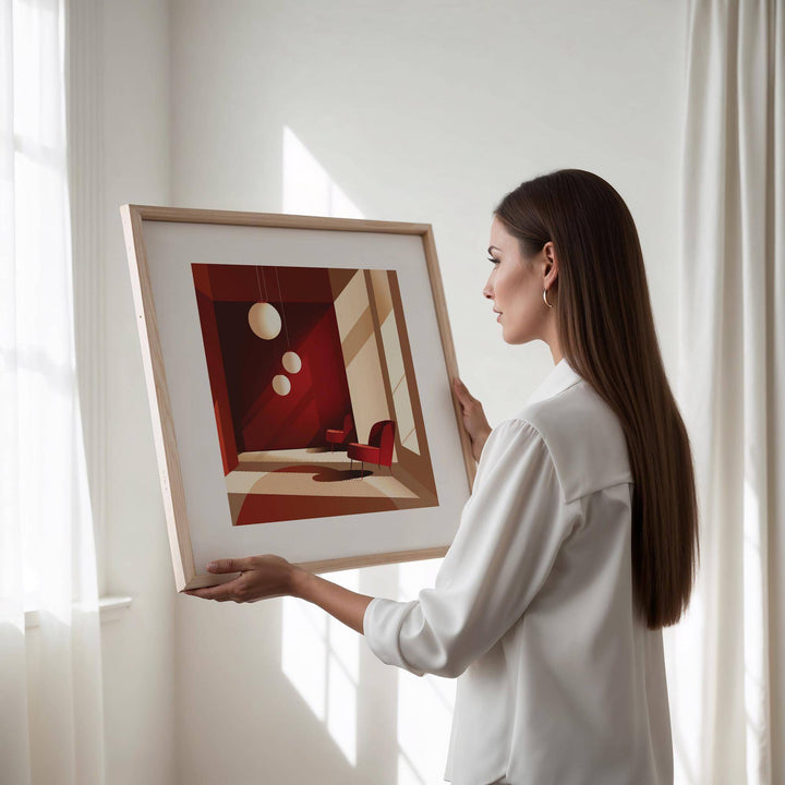 Framed Architectural Interior Art held in hands showing red and beige minimalist interior with armchairs
