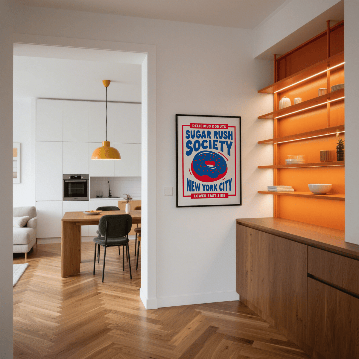 Modern Donut Wall Art with blue doughnut, suitable for office art print