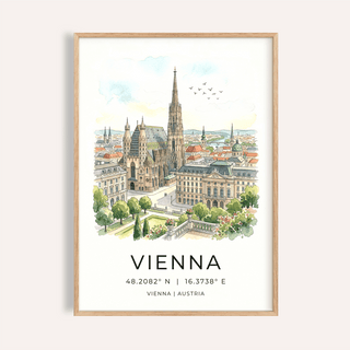 Overview of Vienna Cityscape Art Print poster with cathedral spire and city name text