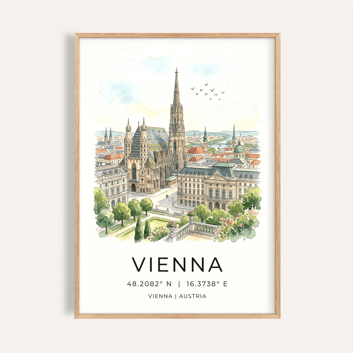 Overview of Vienna Cityscape Art Print poster with cathedral spire and city name text