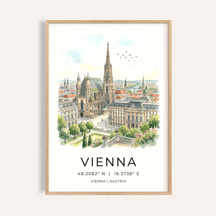 Overview of Vienna Cityscape Art Print poster with cathedral spire and city name text