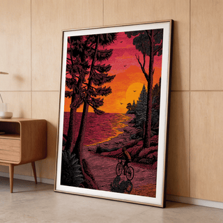 Graphic landscape poster print with pine trees framing water, shoreline, and a rider in the lower corner