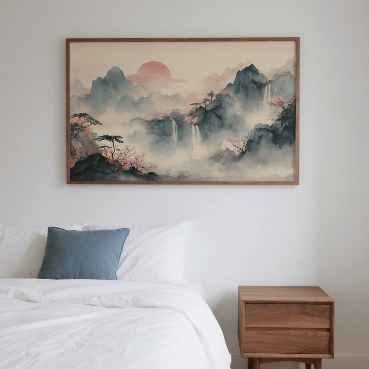 Minimalist Tiger Mountain Wall Art in Black and Pink for hallway decor
