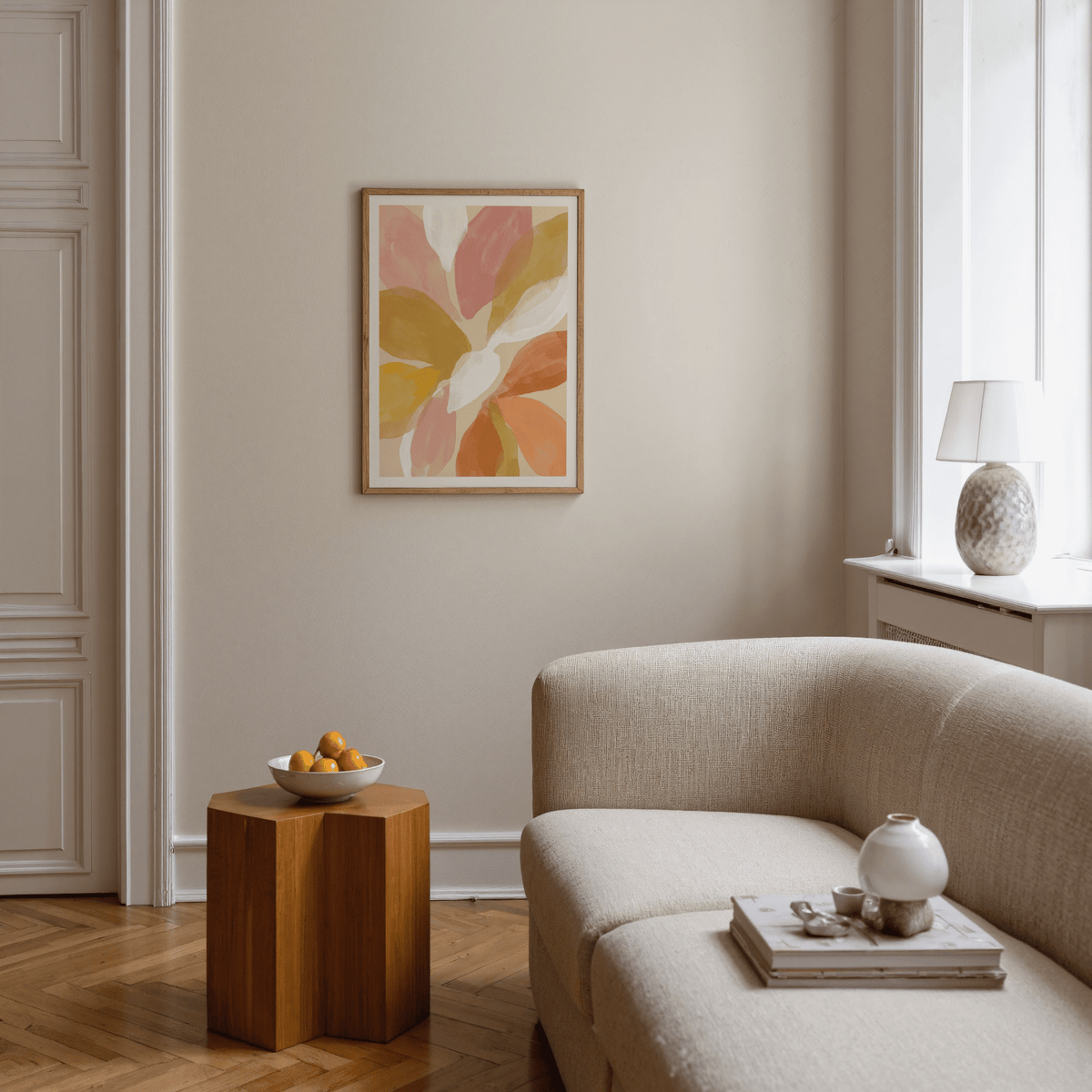 Soft petal watercolor print with White negative space and Beige background