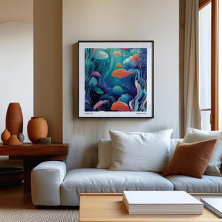 Unique underwater artwork featuring fish and reef textures