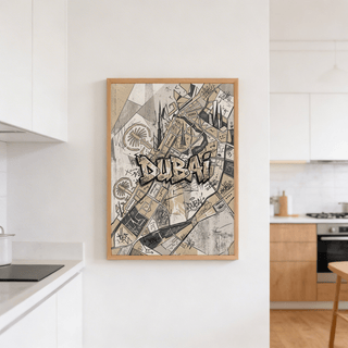 Map-based Dubai Street Art poster with layered shapes, arrows, and marker-like linework