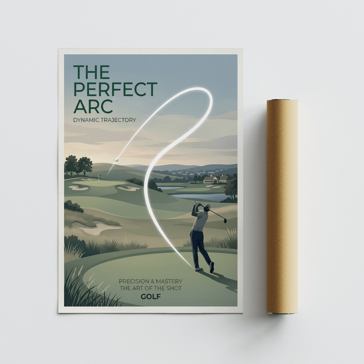 Stylized golf landscape poster with central glowing arc, flagstick on green, and distant buildings