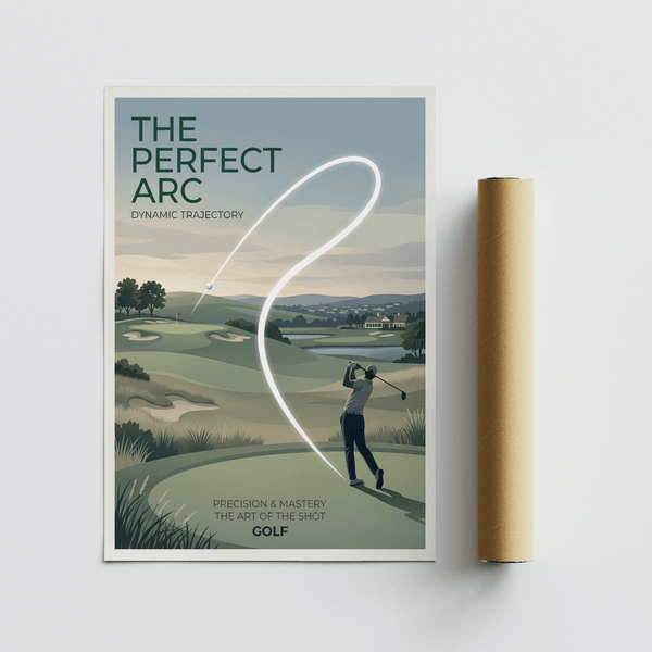 Stylized golf landscape poster with central glowing arc, flagstick on green, and distant buildings