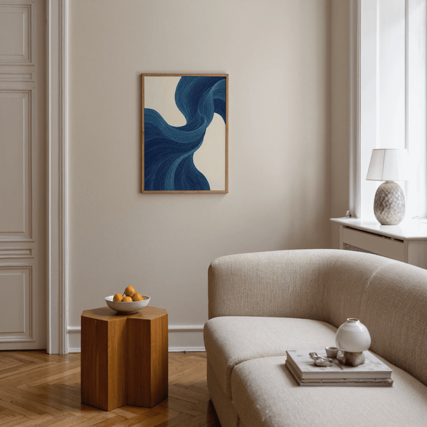 Modern Blue Flowing Wall Art print with blue, beige colors for bedroom