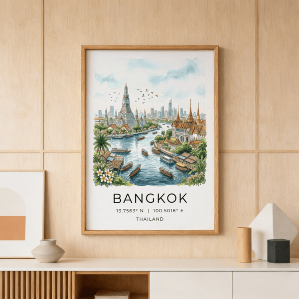 Illustrated Bangkok City Art Print showing river boats, temples, and skyline