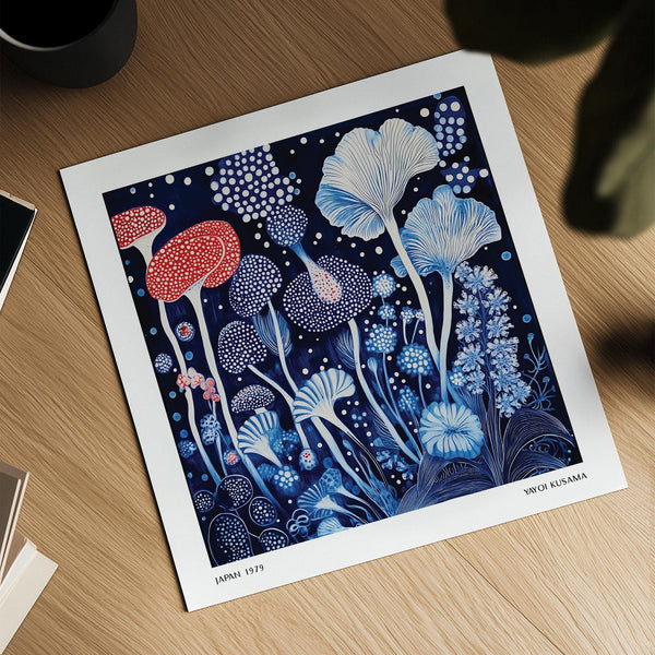 Polka dot mushrooms and flora in Red and Blue Wall Art style
