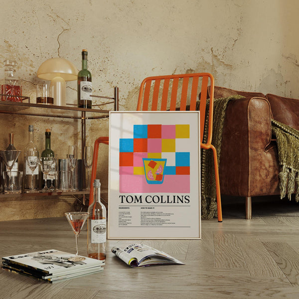 Tom Collins drink print for kitchen or bar featuring bold citrus hues.