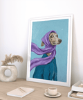 Dressed up Dog Art print with expressive dog, purple and green, for hallway display