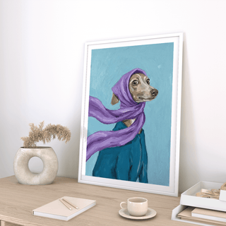 Dressed up Dog Art print with expressive dog, purple and green, for hallway display