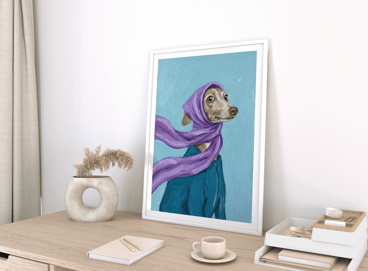 Dressed up Dog Art print with expressive dog, purple and green, for hallway display