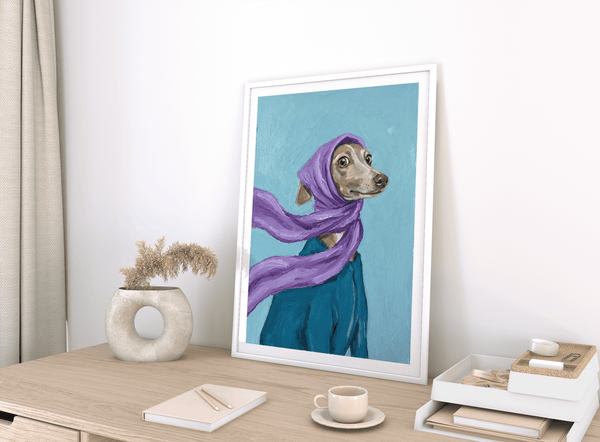 Dressed up Dog Art print with expressive dog, purple and green, for hallway display