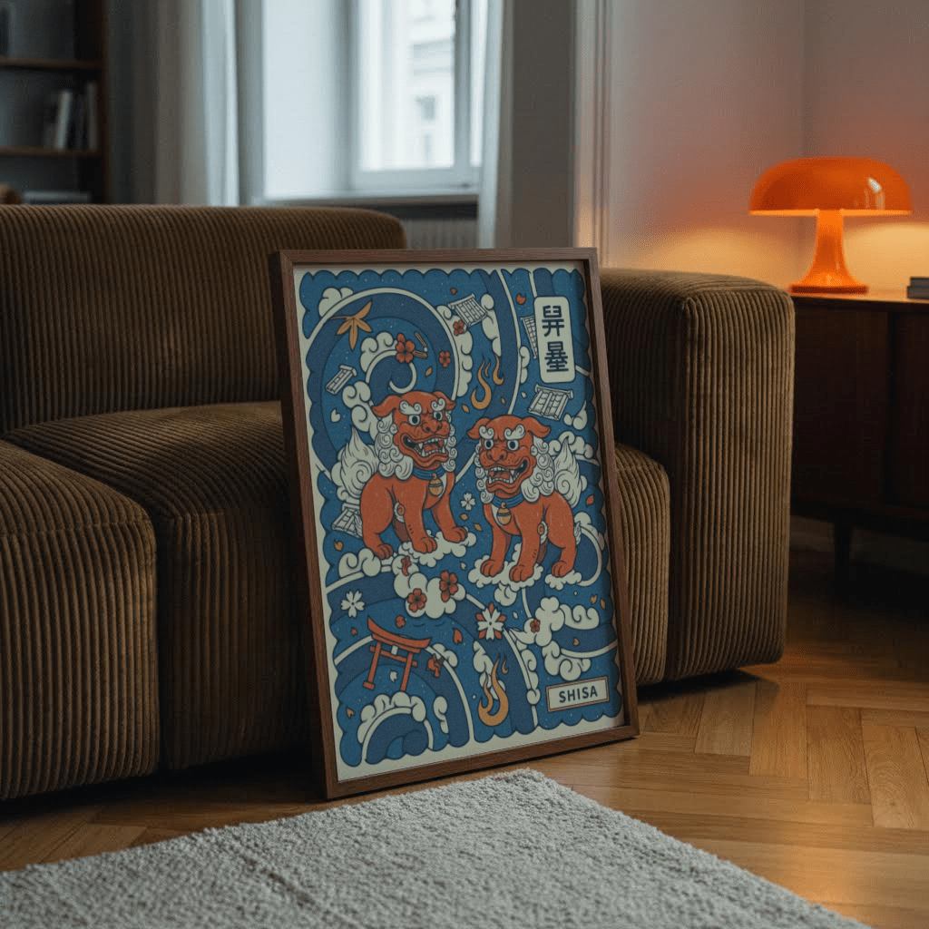 Colorful Japanese Shisa Art Print with wave clouds, blossoms, and tiled shards