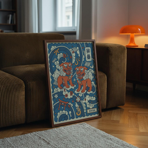 Colorful Japanese Shisa Art Print with wave clouds, blossoms, and tiled shards
