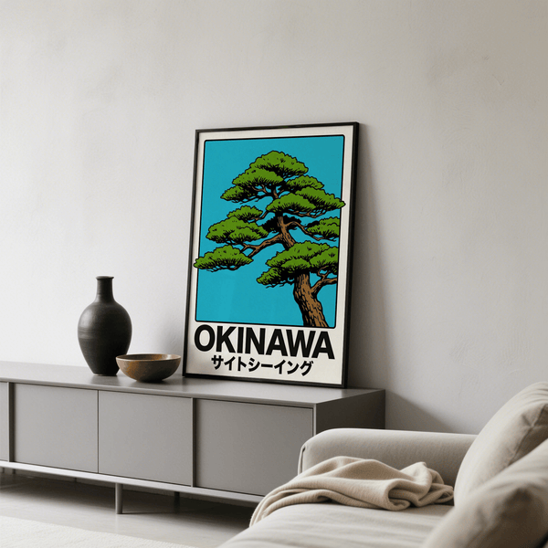 Blue, Red, and White Japanese Tree Print poster for entryway spaces