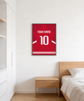 Centered Denmark Football  Shirt Poster showing red jersey graphic with YOUR NAME text and large 10