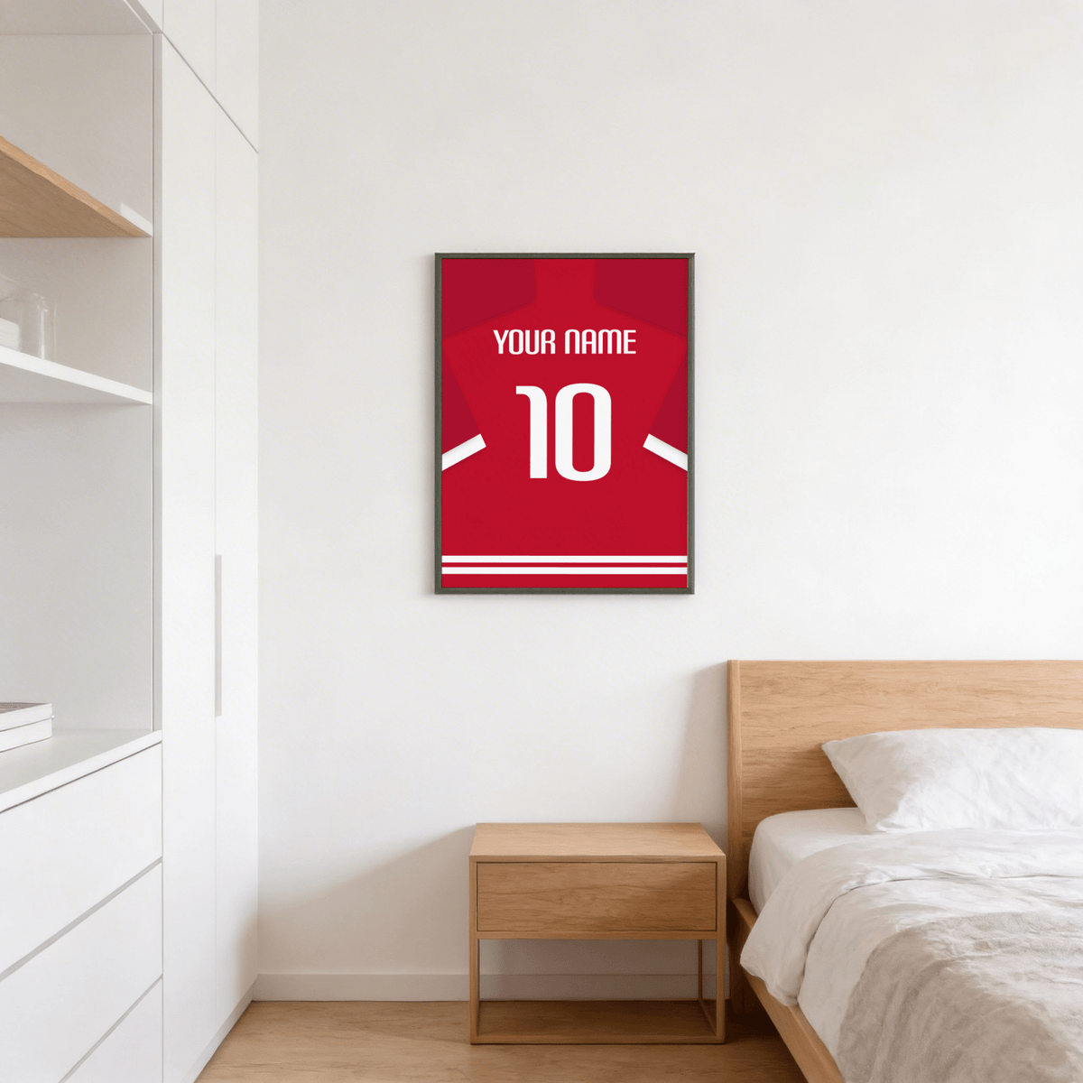 Centered Denmark Football  Shirt Poster showing red jersey graphic with YOUR NAME text and large 10