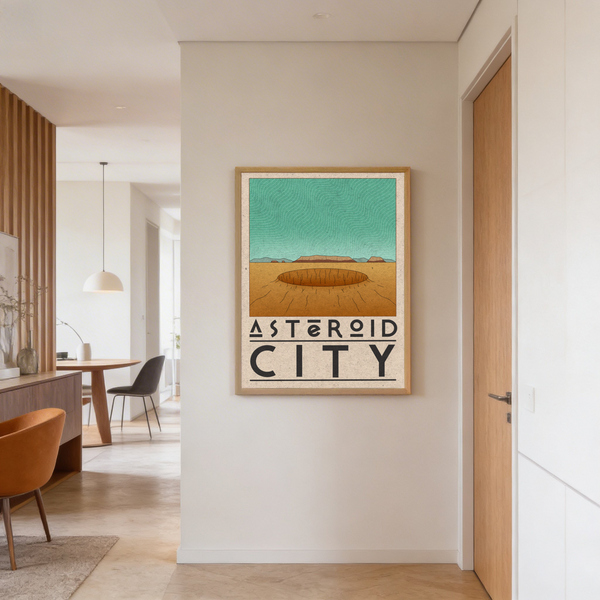 Retro travel-style poster print with central crater basin and repeating sky waves