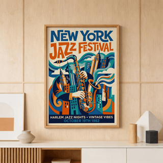 Bold typography poster print reading New York Jazz Festival with stylized skyline and saxophone
