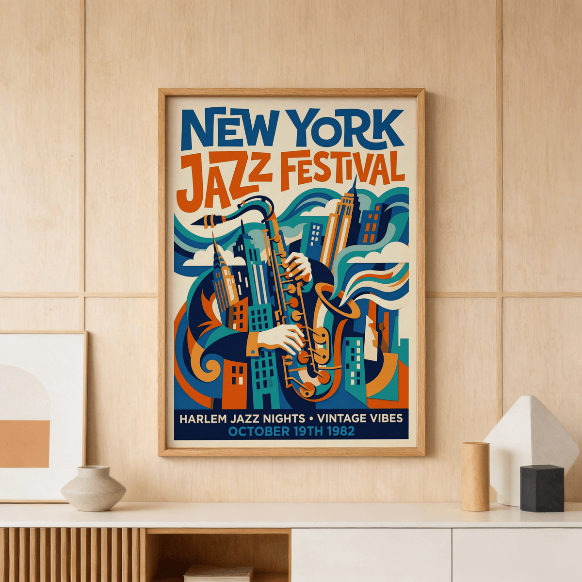 Bold typography poster print reading New York Jazz Festival with stylized skyline and saxophone