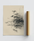 Water garden scene in Japanese ink featuring lotus flower wall art.