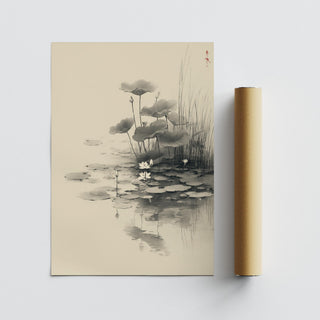 Water garden scene in Japanese ink featuring lotus flower wall art.