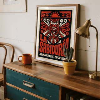 Centered owl poster print with Spanish lettering "LA SABIDURÍA" and "ALMANAQUE CULTURAL"