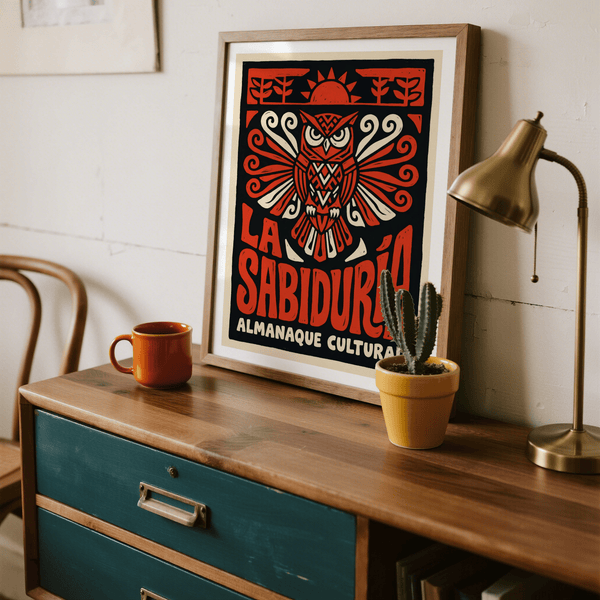 Centered owl poster print with Spanish lettering "LA SABIDURÍA" and "ALMANAQUE CULTURAL"