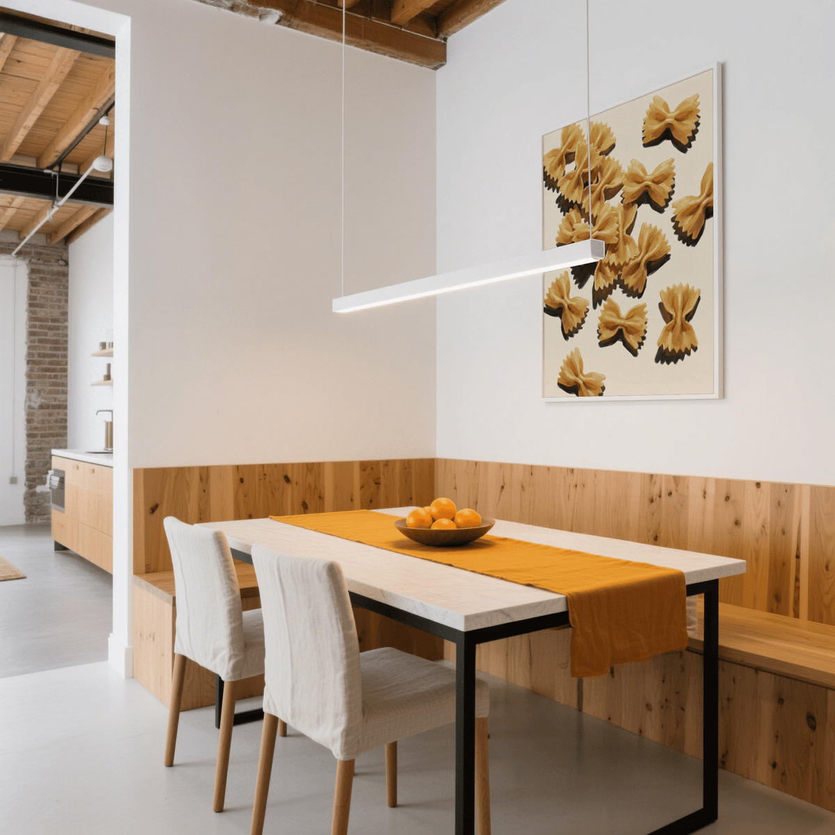 Kitchen gallery wall idea with Farfalle Pasta Art in warm hues