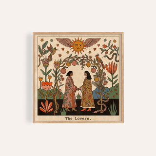 Centered The Lovers Tarot Card Art poster showing two figures holding hands under a winged sun