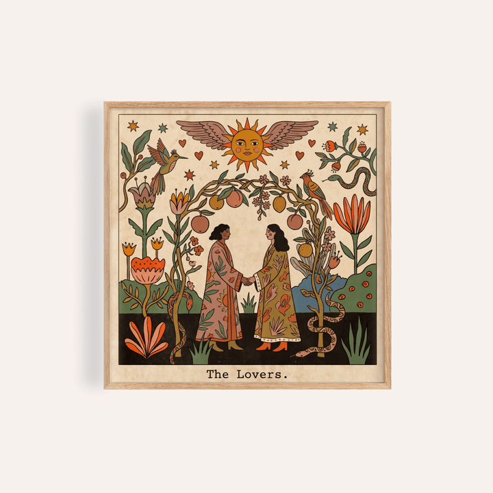 Centered The Lovers Tarot Card Art poster showing two figures holding hands under a winged sun