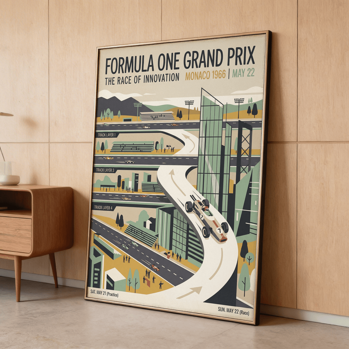 Typography detail on motorsport poster print reading Formula One Grand Prix and Monaco 1966 date